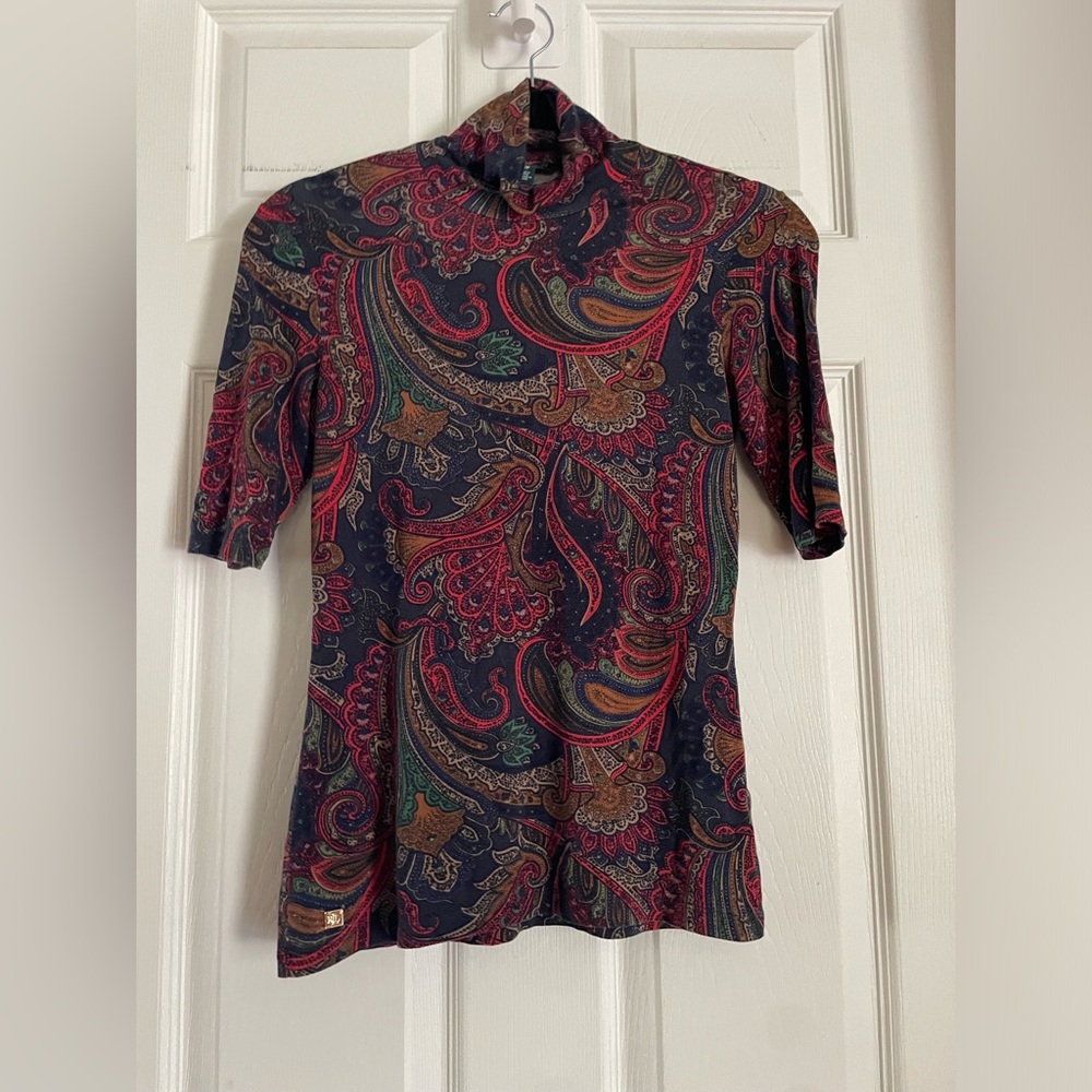 Ralph Lauren Navy Paisley Short Sleeve Shirt with Red & Green Motifs